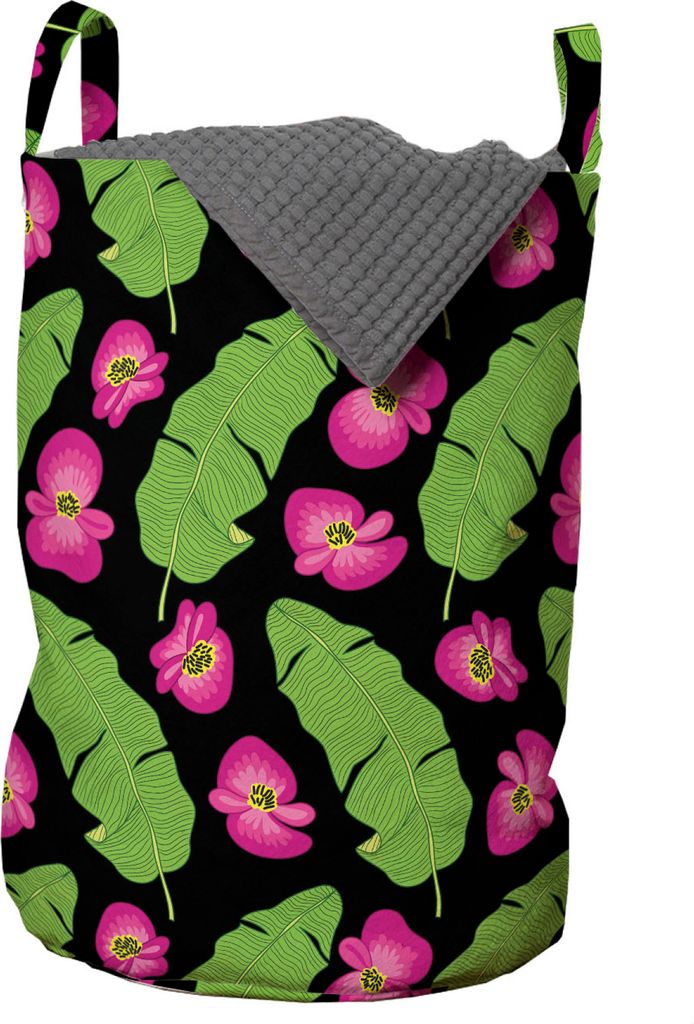 ABAKUHAUS Luau Wäschesack, Banana Palm und Blumen, Wäschekorb mit Griffen Kordelzugverschluss für Waschsalons, 33 cm breit x 49 cm hoch, Grau Grün