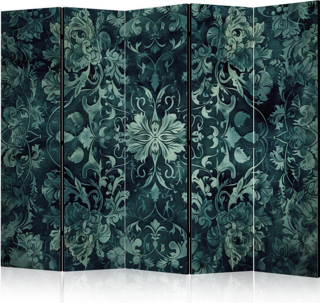 5-teiliger Einseitiger Vlies Paravent - Oriental Carpet Pattern - Emerald Ornaments and Rubbed Patterns 225x172 cm Blumen p-H-10001-z-b