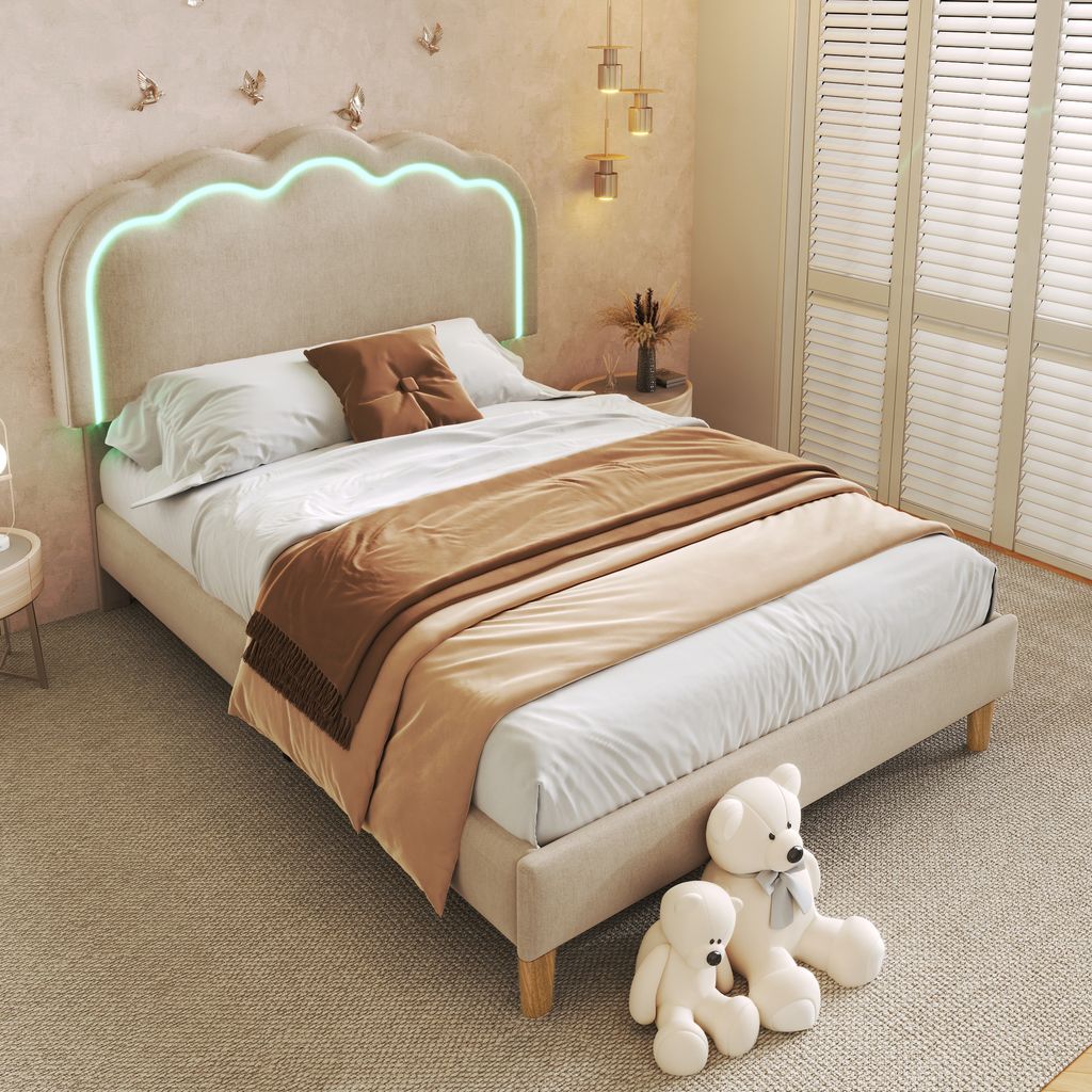 Flieks Polsterbett 90x190cm mit LED & Lattenrost, Jugendbett Kinderbett mit Verstellbarem Kopfteil, Einzelbett Holzbett Klassisches Bett, Leinen Beige