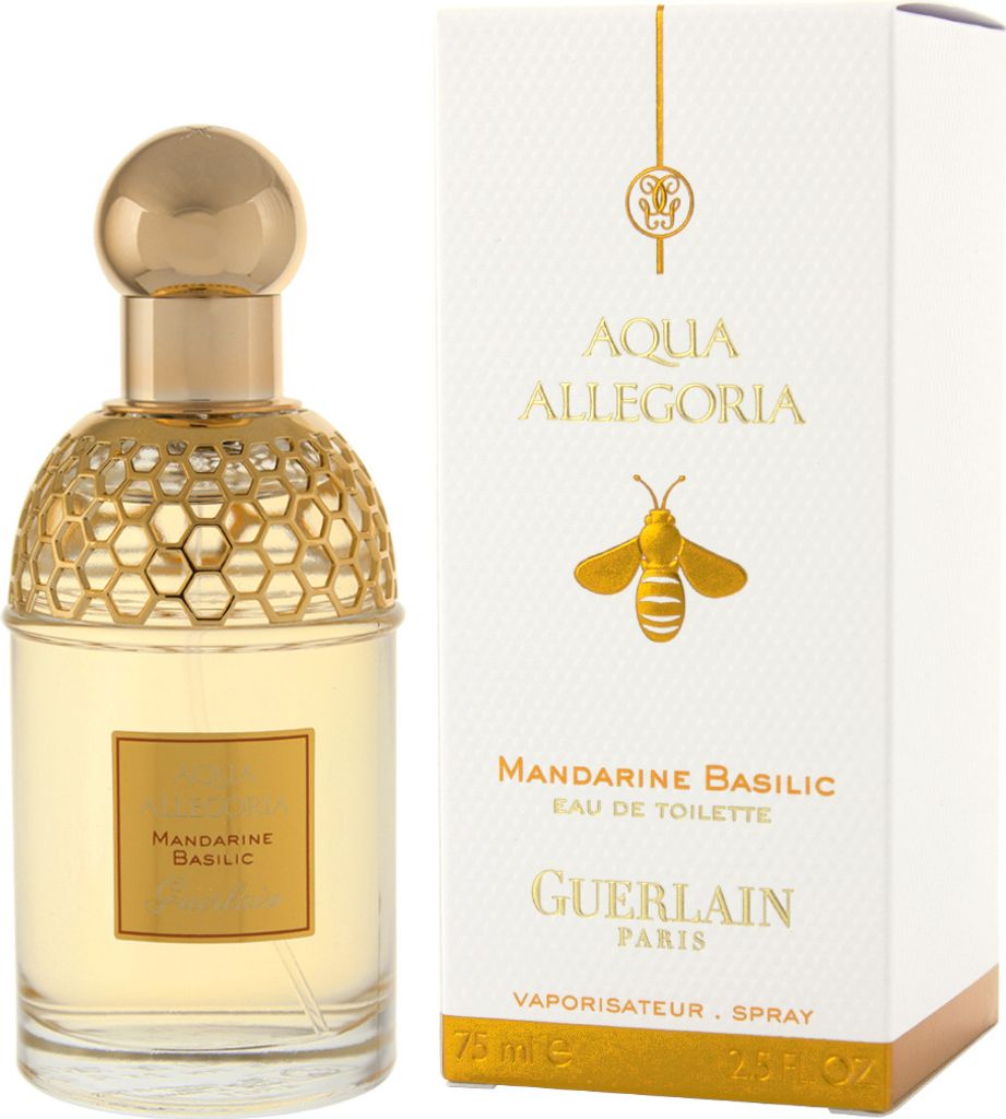 A bottle of Guerlain Aqua Allegoria Mandarine Basilic Eau de Toilette and its packaging are displayed side-by-side against a white background.