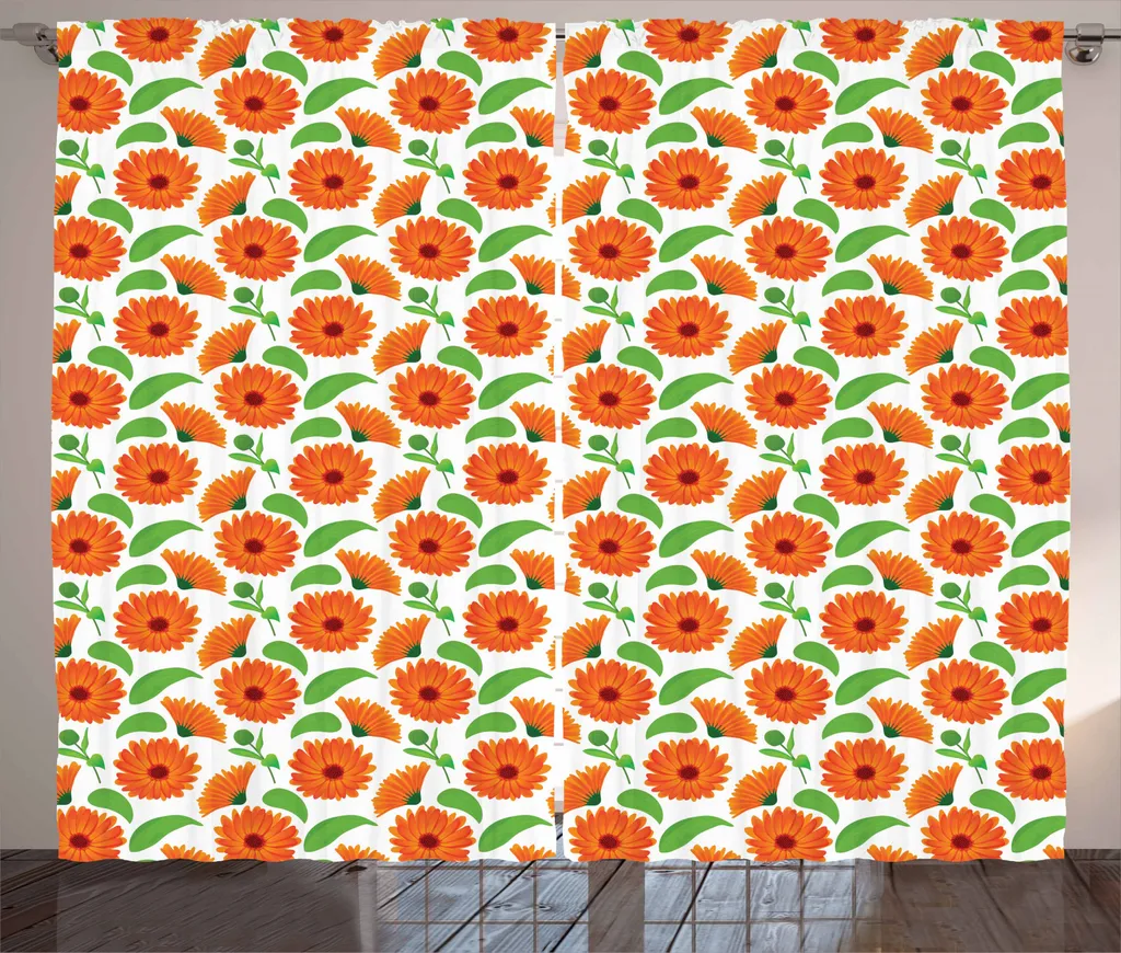 ABAKUHAUS Margherite Tenda rustica, boccioli e petali di calendula, soggiorno Tenda universale con passanti e ganci, 280 x 245 cm, arancione e verde