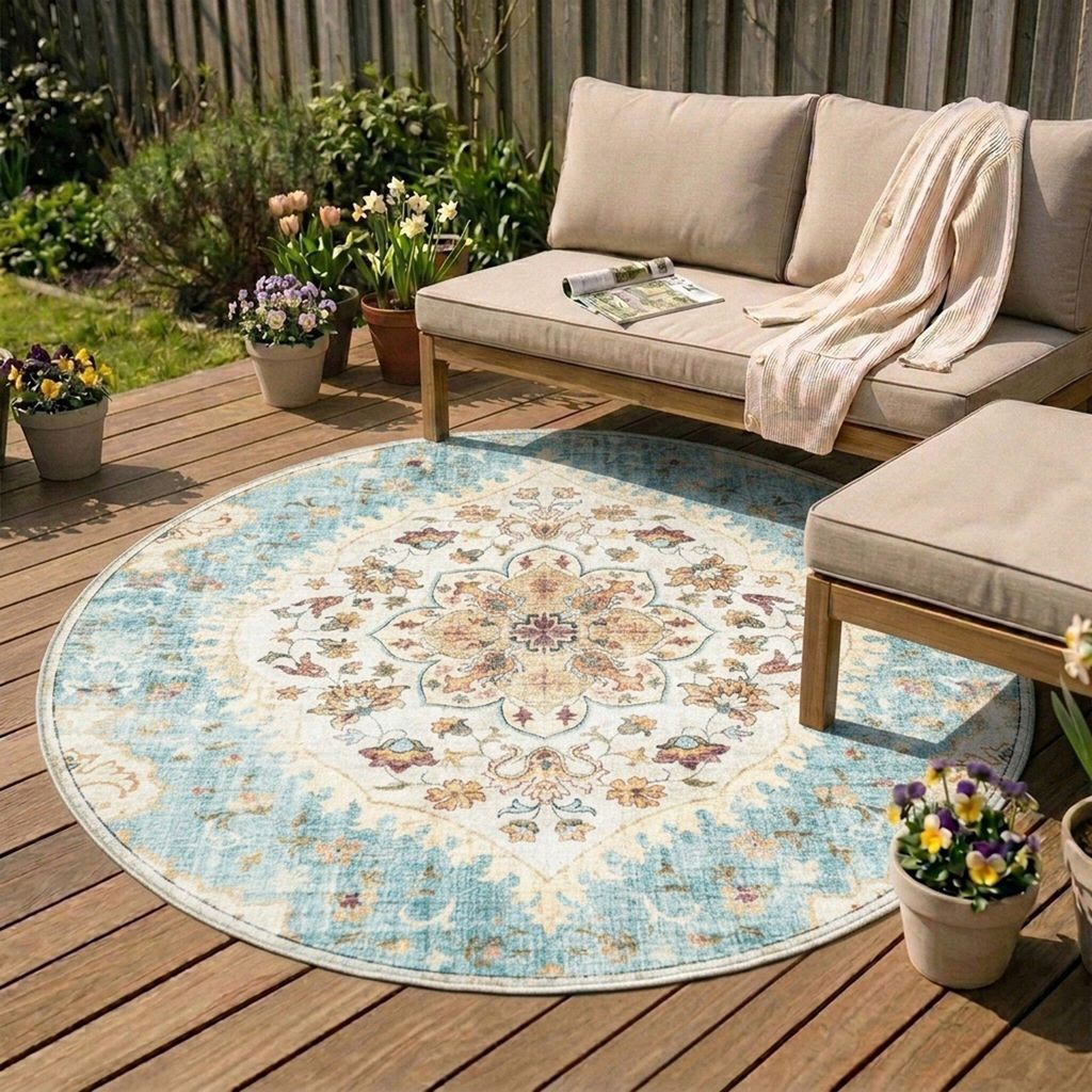 Volero - Vintage Gartenteppich Rund - Santo Mandala Hellblau - Ø 160 cm - Balkon, Garten / Terrasse - Orientalisch