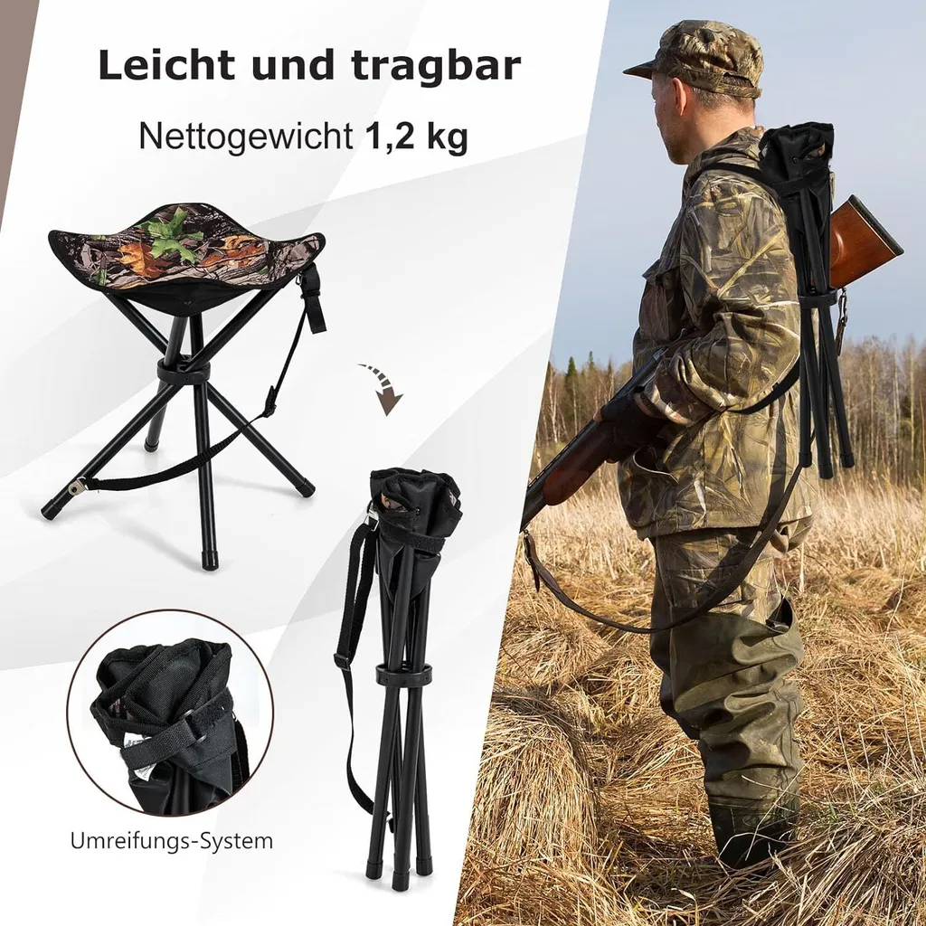 COSTWAY set di 2 sgabelli pieghevoli, sgabello da campeggio pieghevole e leggero, sgabello treppiede con tracolla, sgabello da campeggio portatile fino a 150 kg di portata, sgabello da pesca per campeggio, escursionismo, caccia, pesca, viaggi - 5