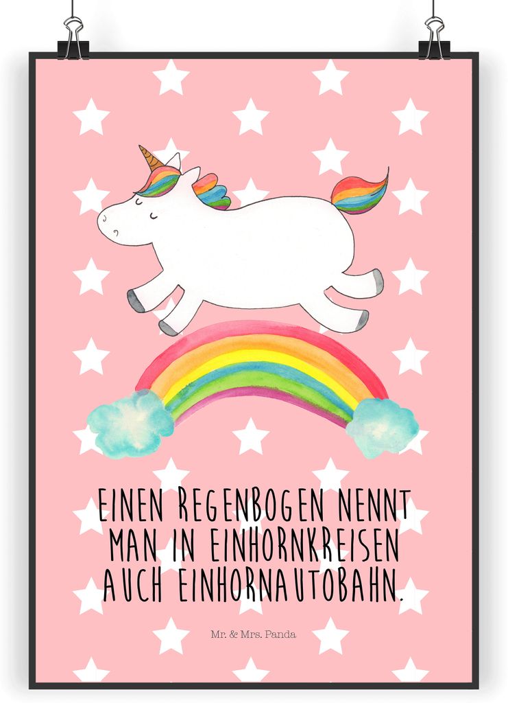 Mr. & Mrs. Panda Bild Einhorn Regenbogen DIN A5 - Rot Pastell - Geschenk, drucke, Erwachsenwerden, Wandbild, Kunstdruck, Unicorn, Glitzer, Plakat, ...