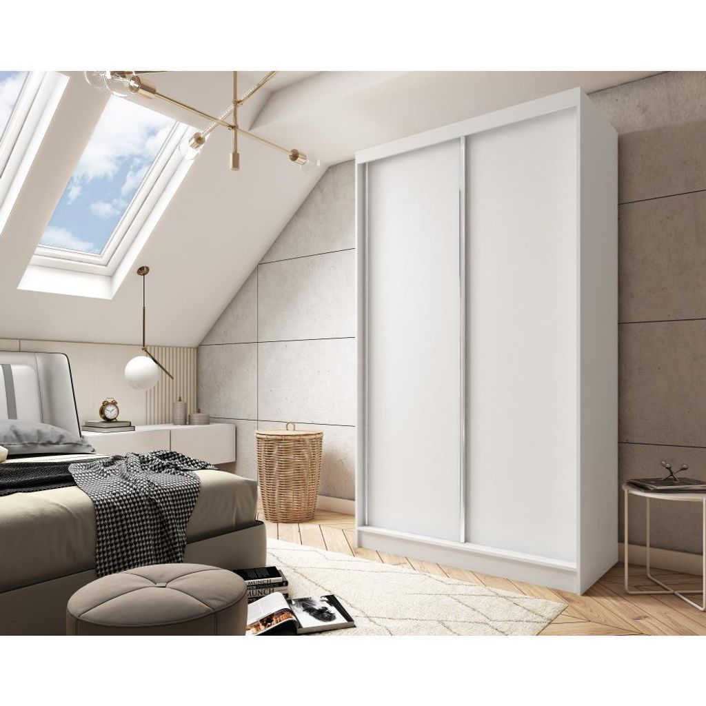 A bedroom with a large white sliding door wardrobe, a bed with a blanket, and a skylight.
