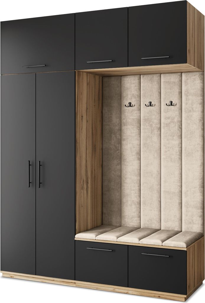 Masseno Garderobe-Set REMA 180/240/60 cm Modern Garderobenschrank Eiche Wotan, Veloursstoff MONOLITH 04 (Beige)