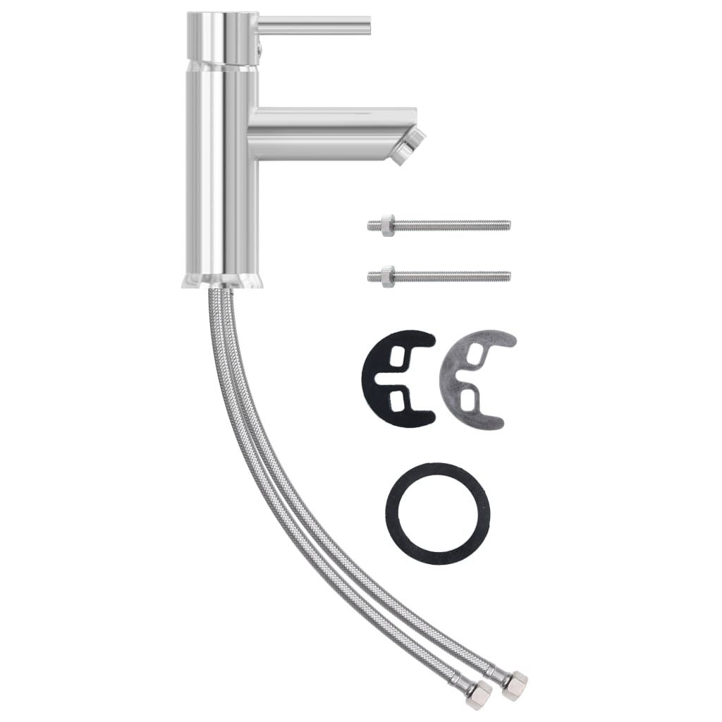 A chrome-plated faucet with its accompanying installation hardware, laid out on a white background.
