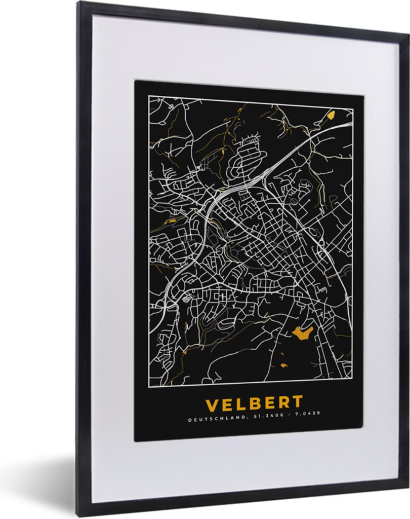 MuchoWow Gerahmtes Poster Karte - Velbert - Gold - Stadtplan - Deutschland 30x40 cm - Poster mit Schwarzem Bilderrahmen Wandposter Rahmen Foto Bi...