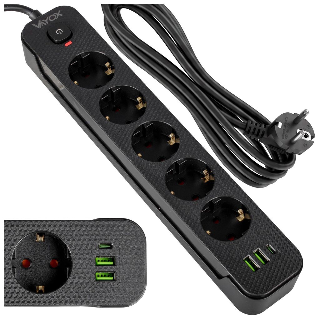 Vayox Steckdosenleiste 5-Fach Schuko 3m Schwarz | Produktbild 