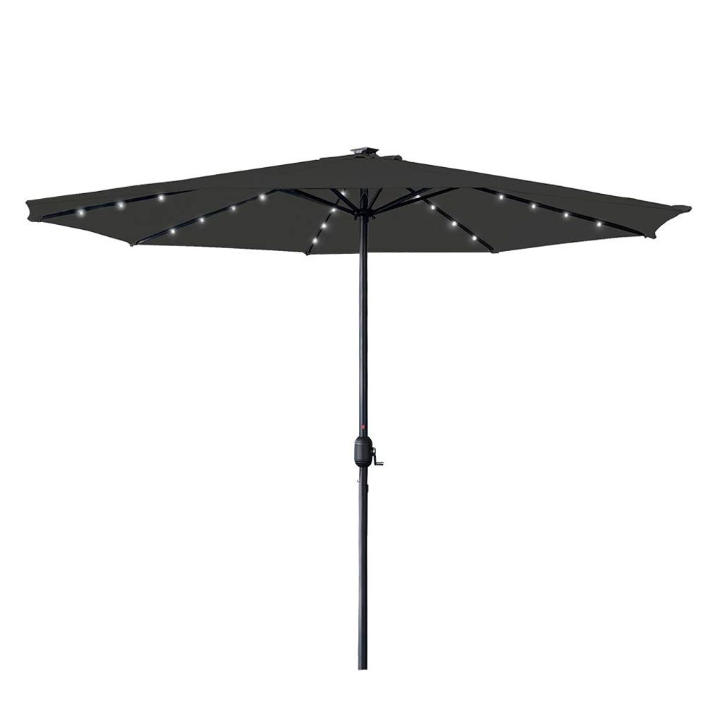 A dark gray patio umbrella with LED lights, shown against a white background.