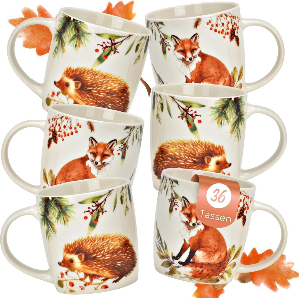 Herbst Tassen 36er Set Fuchs & Igel, 350 ml Kaffeetasse aus Porzellan