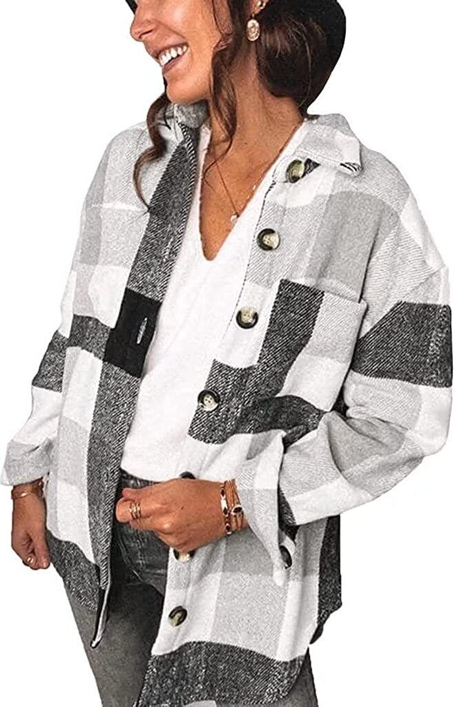 ASKSA Damen Plaid Knöpfe Shirts Flanell Farbblock Oberteile, Grau, XXL