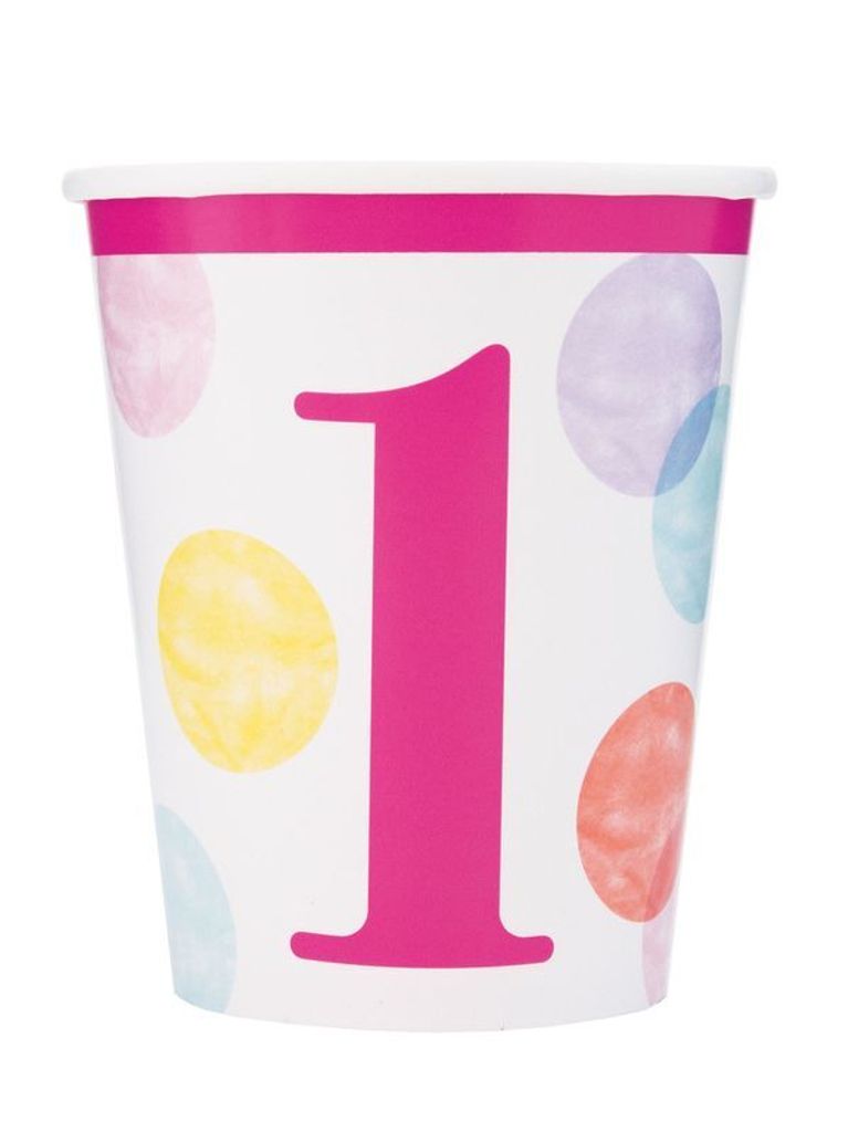 8 Papp Becher 1. Geburtstag Rosa Punkte