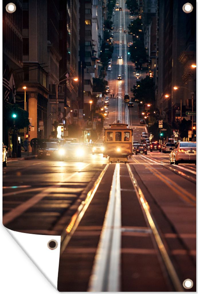 MuchoWow 80x120 cm Outdoor-Poster Gartendeko Sichtschutz Garten Poster für den Garten Eine Straßenbahn fährt zur Hauptverkehrszeit durch San ...