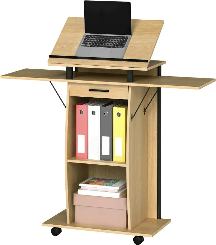 Tablette pour Ordinateur Portable à Roulettes et Rangement Aspect Chêne - 8