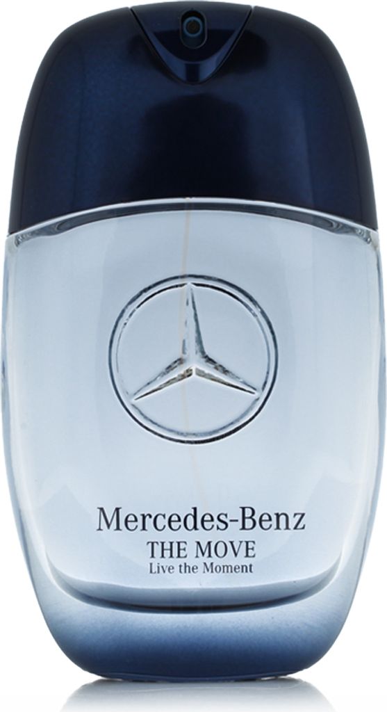 A clear, professional studio shot of a Mercedes-Benz The Move Live The Moment Eau de Parfum bottle.