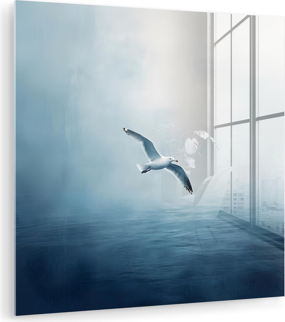MuchoWow Glasbilder - Bilder auf Wandbild - Foto auf Glas Möwe - Weiß - Meer - Neblig 20x20 cm Wanddekoration aus Glas - Acrylglasbild - Acrylbil...