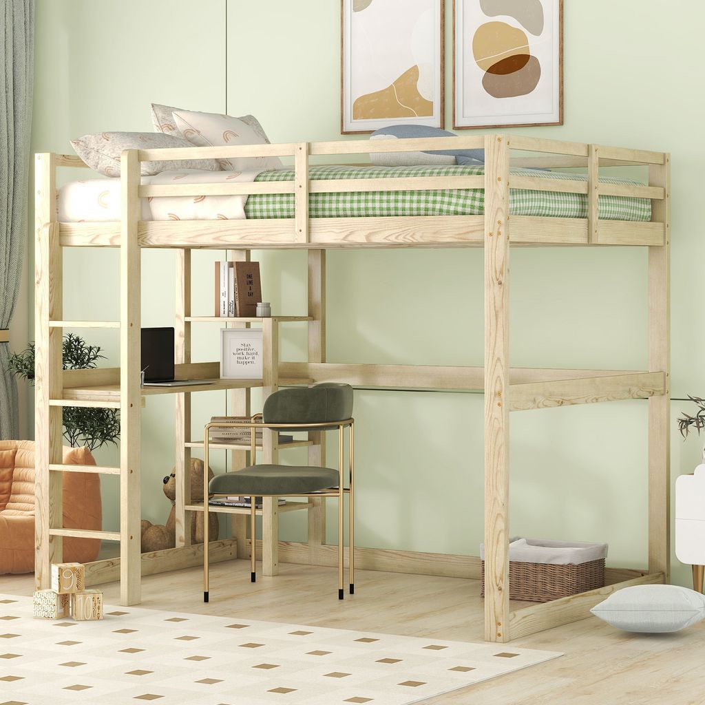A loft bed with a desk and shelves in a room with light green walls.