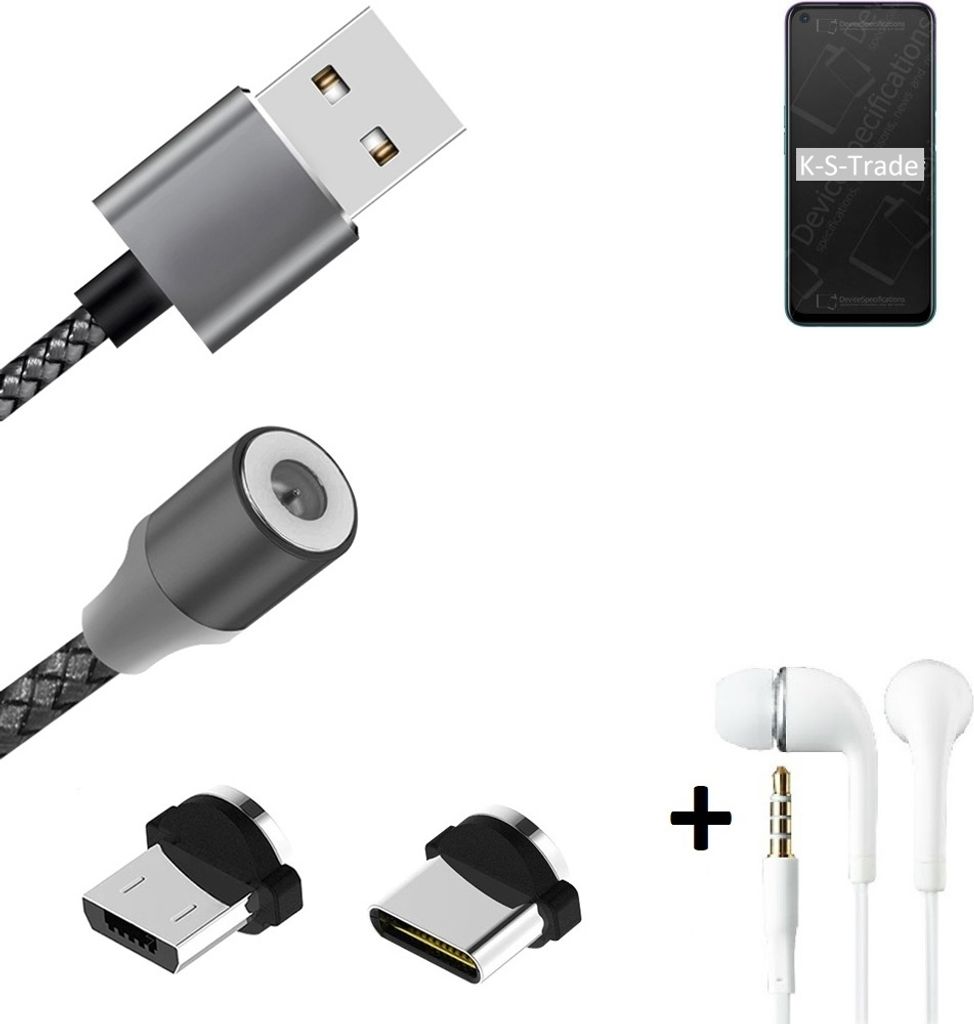 K-S-Trade Hochwertiges Magnet-Lade-kabel Sync-Kabel Daten-Kabel + Kopfhörer kompatibel mit Oppo A72 mit USB-Typ-C-Anschluss und Micro-USB-Anschluss