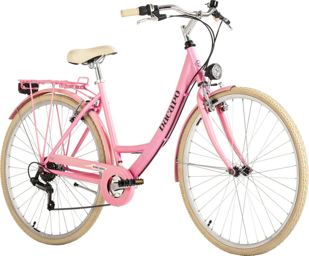 A pink vintage-style bicycle with beige tires and seat, shown against a white background.