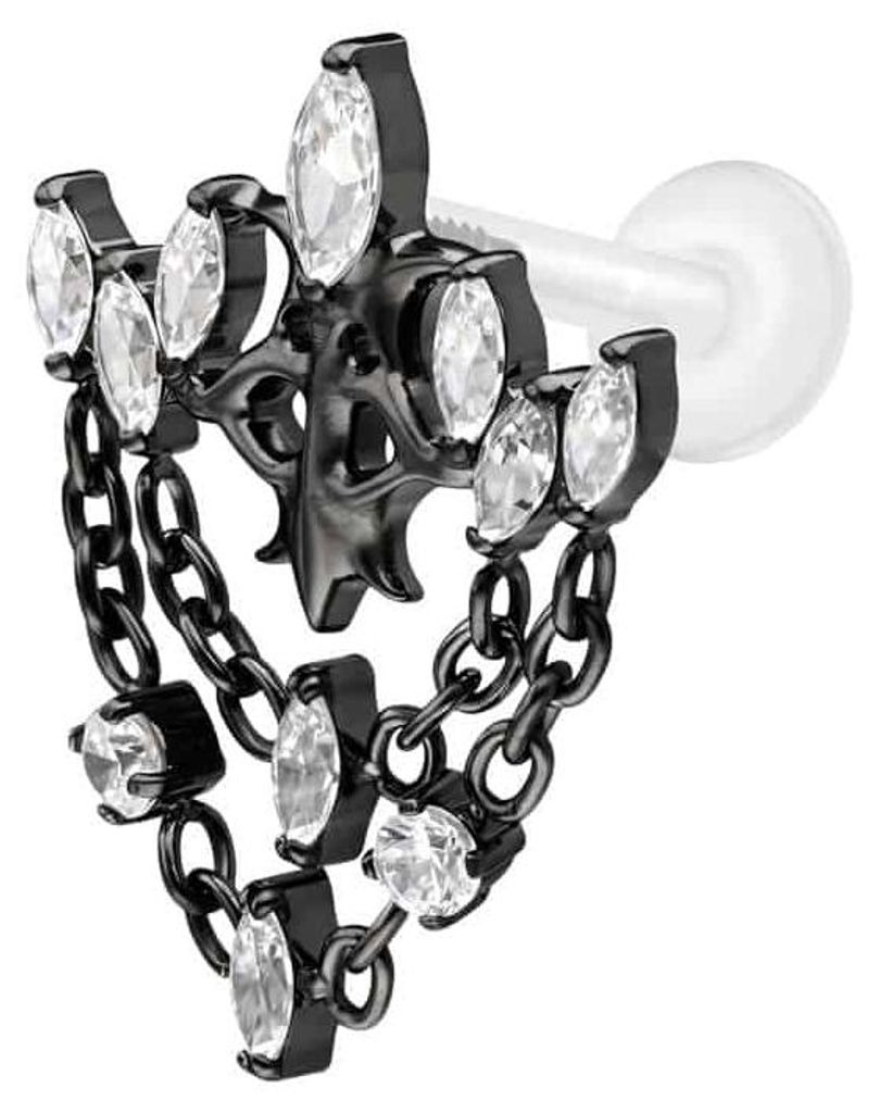 Ohrpiercing, Nasenpiercing PTFE Labret mit Innengewinde + Titan-Aufsatz GOTISCHE KRONE + KETTEN Schwarz Stablänge: 9mm | Stabstärke: 1,2mm