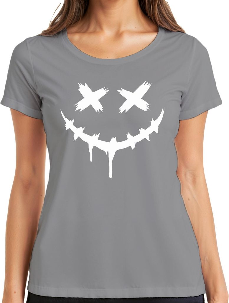 Halloween Gruselig Grinsend Gesicht X Augen Tropfend Stachelig Damen T-Shirt, Grau, L