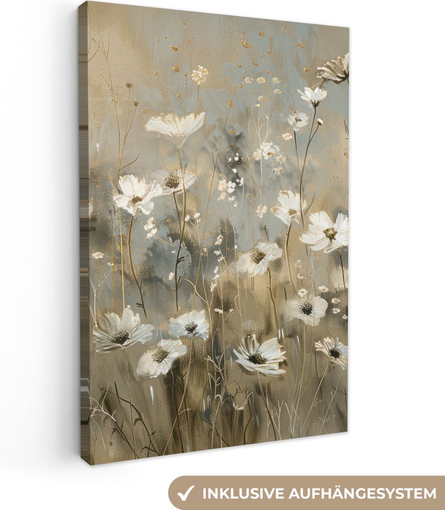 MuchoWow - Leinwandbilder - Blumen - Weiß - Natur - Grau - Modern, Wandbild, Wanddeko Bilder Wohnzimmer, 60x90 cm