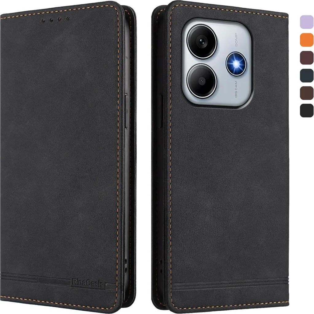 Custodia per Xiaomi Poco M7 Pro 5G/Redmi Note 14 5G, retro custodia in Finto cuoio flip con supporto e slot per schede Nero
