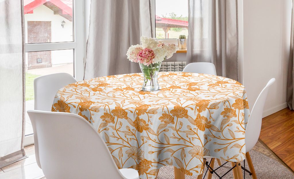 ABAKUHAUS Orange und Weiß Runde Tischdecke, Blüte Stem, Kreis Tischdecke Abdeckung für Esszimmer Küche Dekoration, 150 cm, Orange Weiss