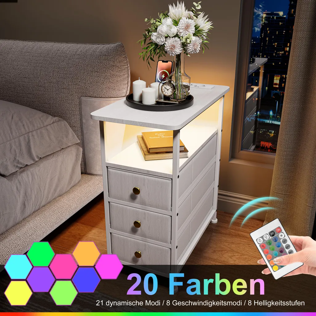 Table d'appoint LED blanche 3 tiroirs : design moderne et prise secteur - 7