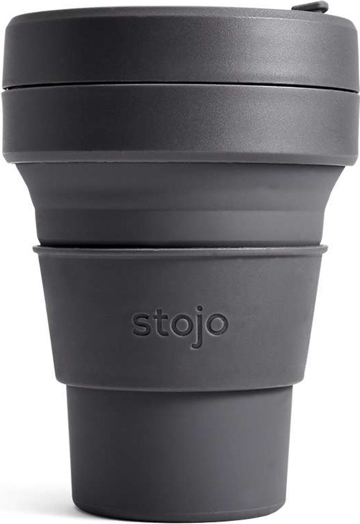 A dark gray Stojo collapsible pocket cup is shown against a white background.