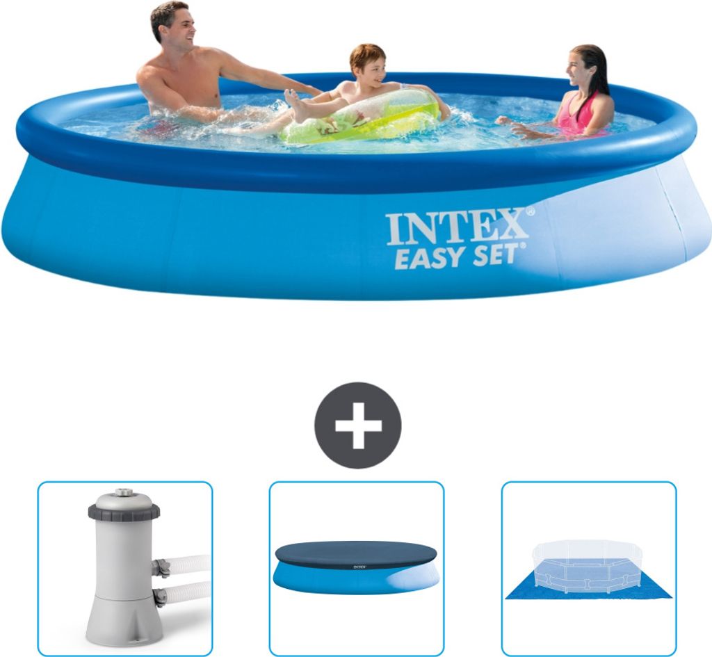 Intex runder aufblasbarer Easy-Set-Pool – 366 x 76 cm – Blau – im Lieferumfang enthalten Filterpumpe für Schwimmbad - Abdeckung - Bodenplane