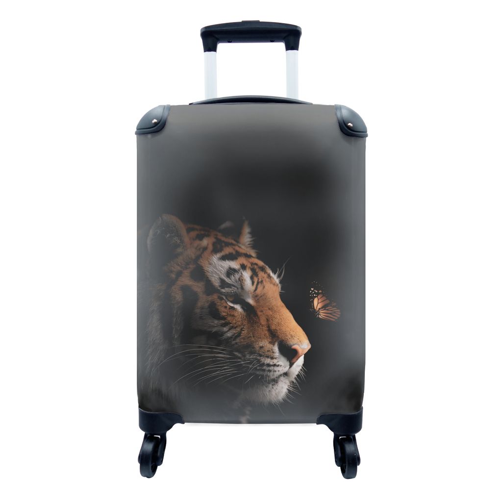 MuchoWow Koffer Handgepäck Trolley Rollkoffer Kleine Reisekoffer mit 4 Rollen - Tiger - Schmetterling - Schwarz - Cabin Size < 55x40x23 cm & 55x...