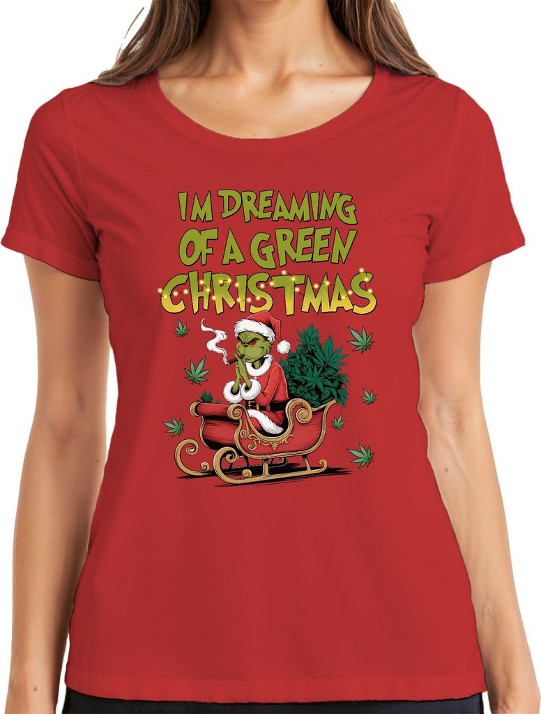 I'm Dreaming of a green Christmas Weed Grinch Kiffer - Weihnachten Christmas Xmas Damen T-Shirt, Rot, M