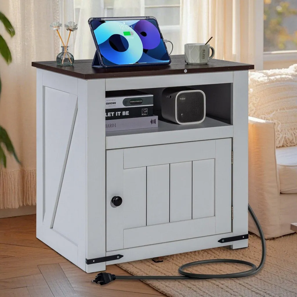 Petite table d'appoint blanche avec prises intégrées et style farmhouse - 8