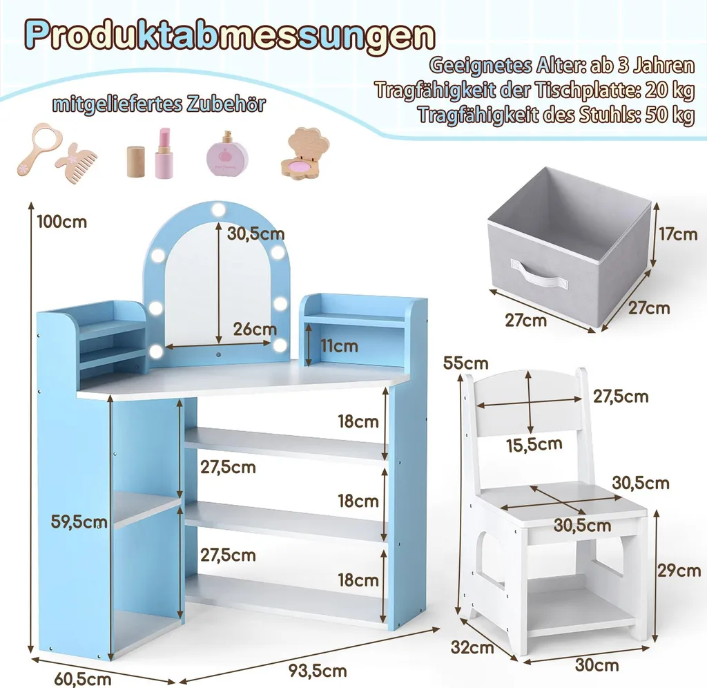 Coiffeuse enfant LED avec 8 compartiments de rangement et miroir d'angle - 3
