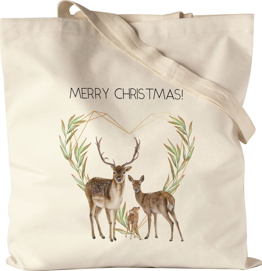 Merry Christmas Jutebeutel Stoffbeutel Geschenkidee Rentier-Fans Reh-Kids Süßes Motiv für Weihnachten für Familie Freunde