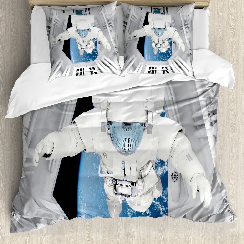 ABAKUHAUS Weltraum Bettbezug, Cosmic Journey Raum, Milbensicher Allergiker geeignet mit Kissenbezügen, 155 cm x 220 cm - 80 x 80 cm, Weiß und blau