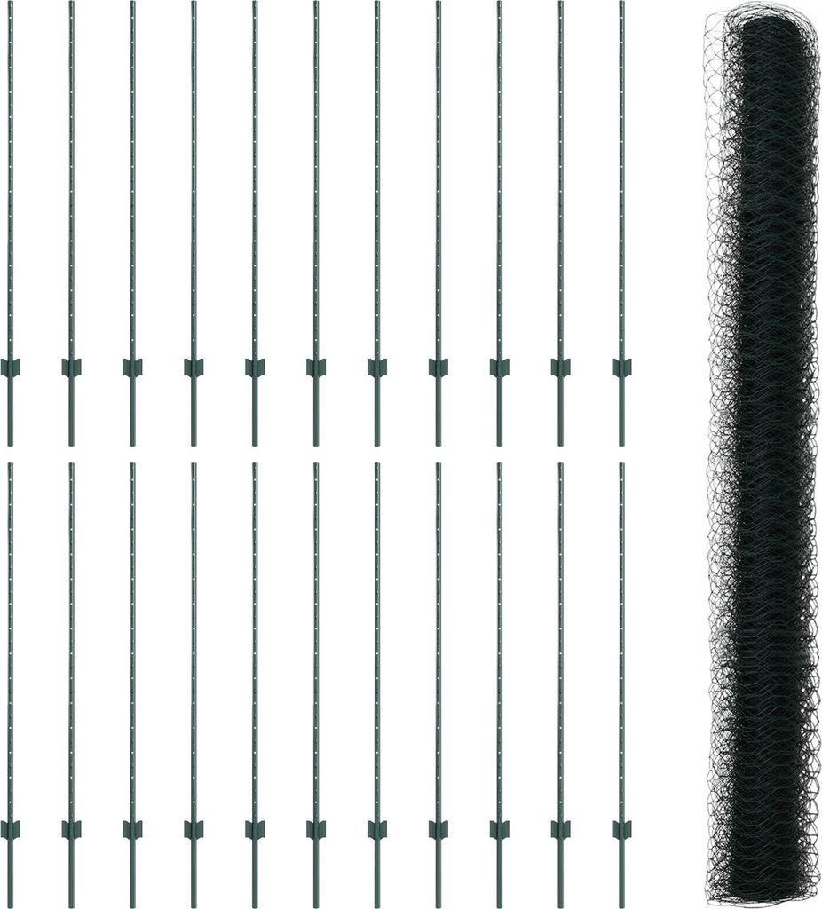 Zaunpfosten 11 Stück U-Profil Grün 140 cm Stahl, Sechseckzaun Grün 1,4x50 m Stahl, Zaunzubehör DesignMöbel Neu