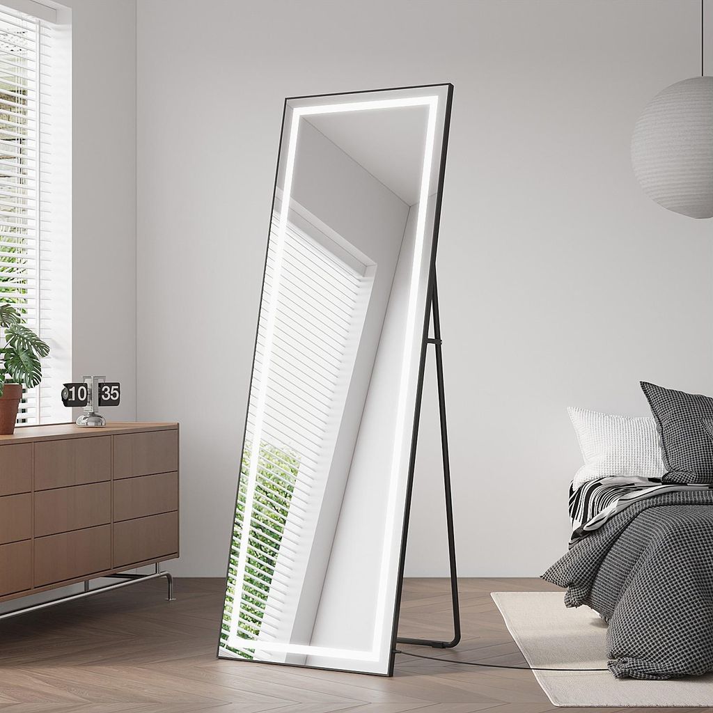 Standspiegel Spiegel Wandspiegel groß schwarz LED mit Beleuchtung 150x50 Ganzkörperspiegel Wand,Alurahmen,stehend oder wandmontiert,Wandspiegel F...