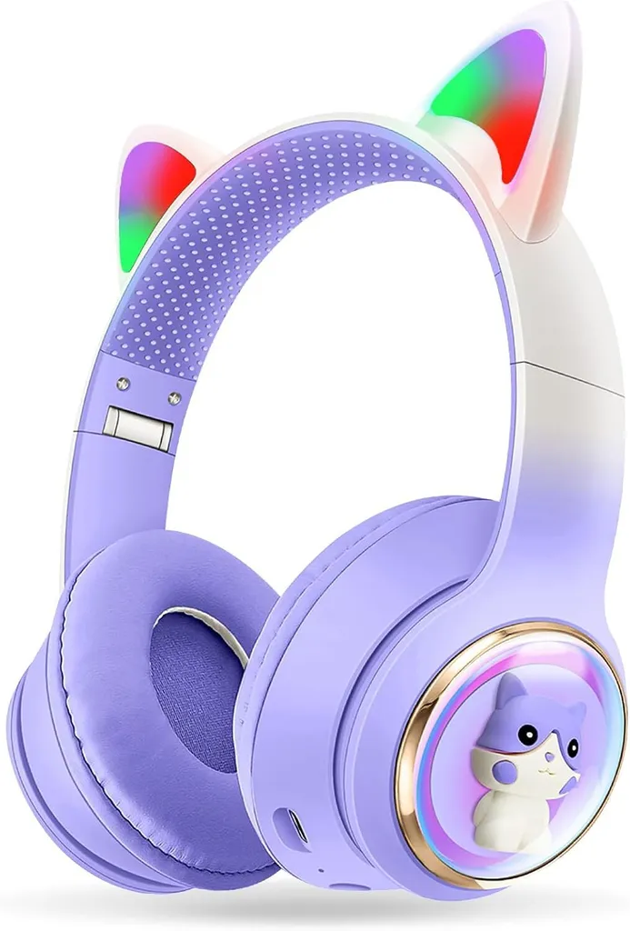 Cuffie Bluetooth 5.3 per Bambini con Orecchie di Gatto LED e Limitatore 105dB