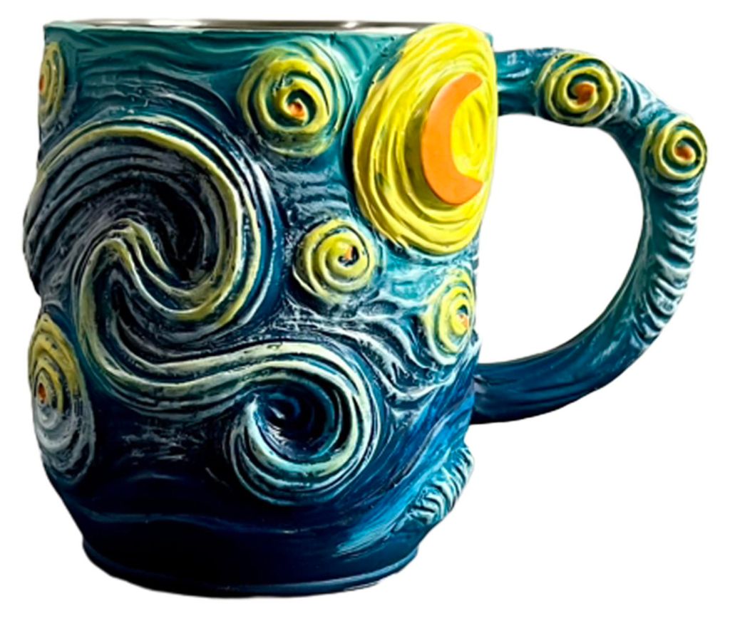 Sternennacht-3D-Relief-Kunstbecher mit wirbelndem Design in Blauem Himmel, Spiralhenkel, großes Fassungsvermögen, einzigartige Kaffeetasse, dekor...