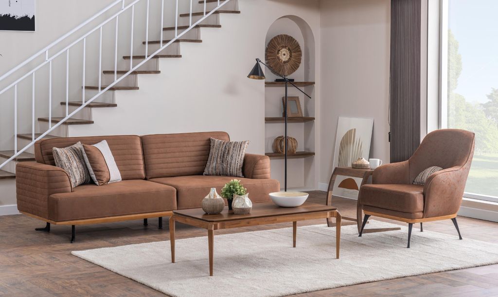 Exklusive Dreisitzer-Sofas und -Sessel für das Wohnzimmer in brauner Polsterung