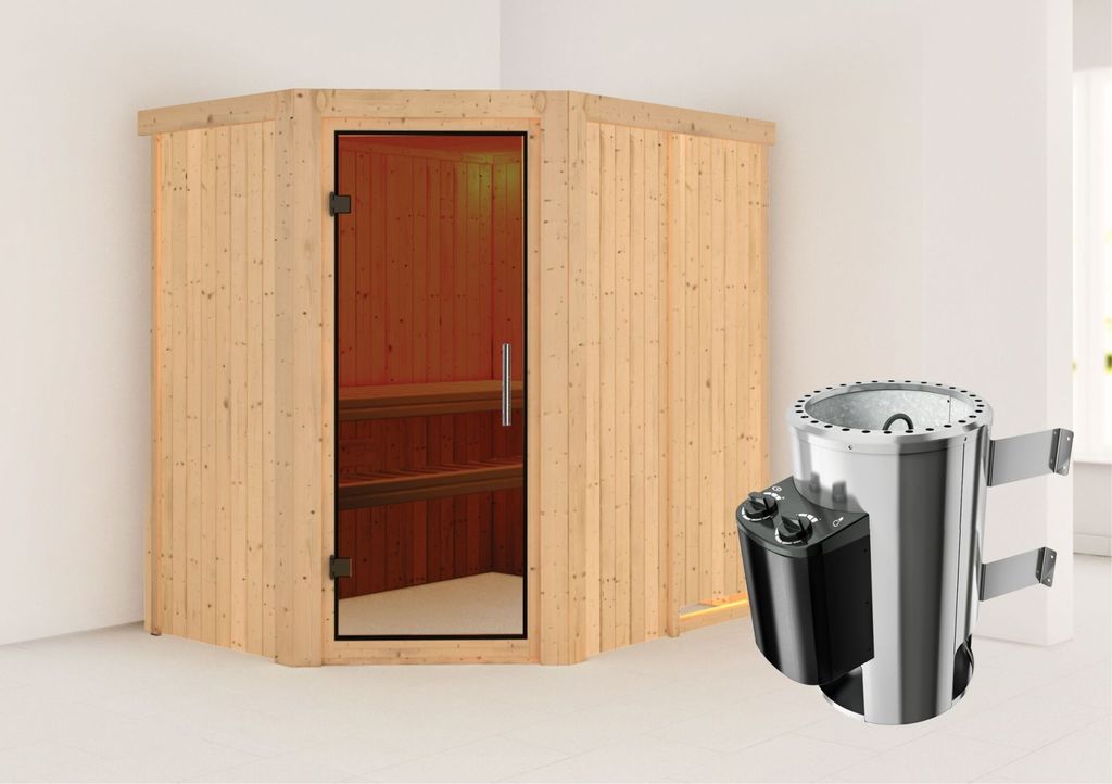 Karibu Sauna Innensauna Saja Eckeinstieg Ofen 3,6 kW intgr. Strg 196x151x198 cm ohne Dachkranz mit Graphittür