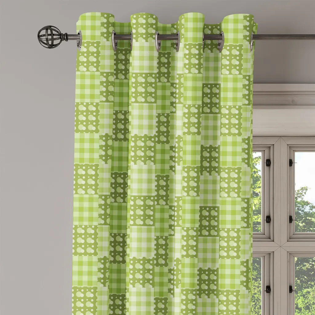 Rideau patchwork vert à œillets 280x175 cm avec graphisme simplifié - 2