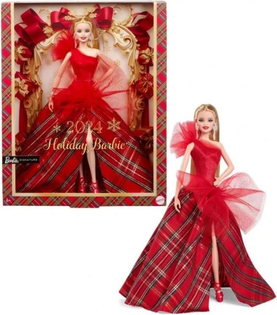 A Barbie doll in a red dress, shown both in its packaging and displayed separately.