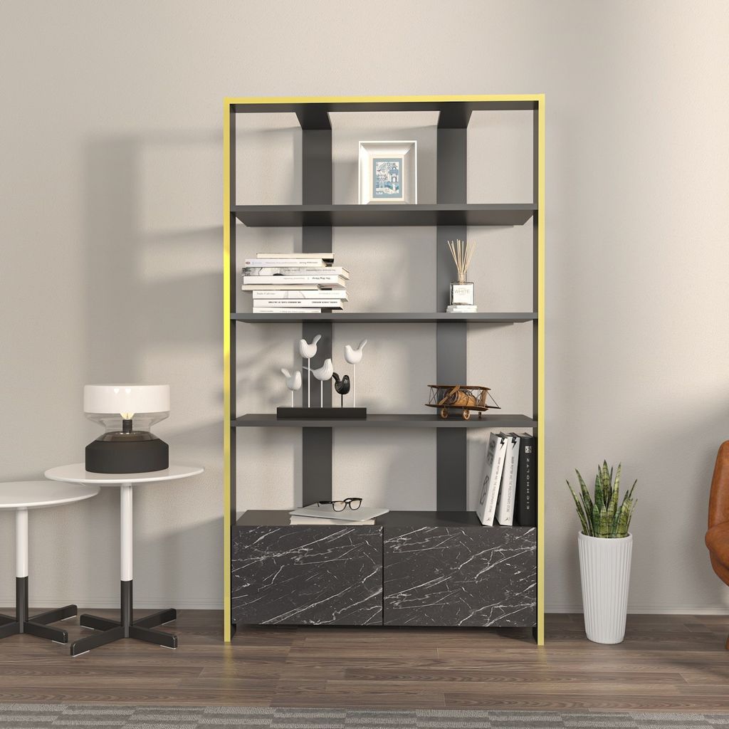 Skye Decor, Elena - Black, Marble, Bücherregal, Schwarz, 100 % MELAMINBESCHICHTETE SPANPLATTEN, 93,6 x 31,5 x 160 cm