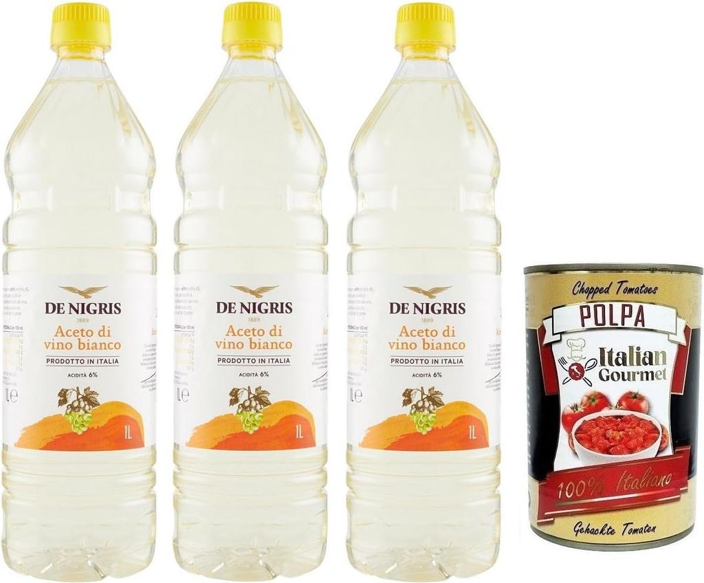 3x De Nigris Aceto di Vino Bianco,Weißweinessig,Säure 6%,PET-Flasche 1Lt + Italian Gourmet Polpa di Pomodoro 400g Dose