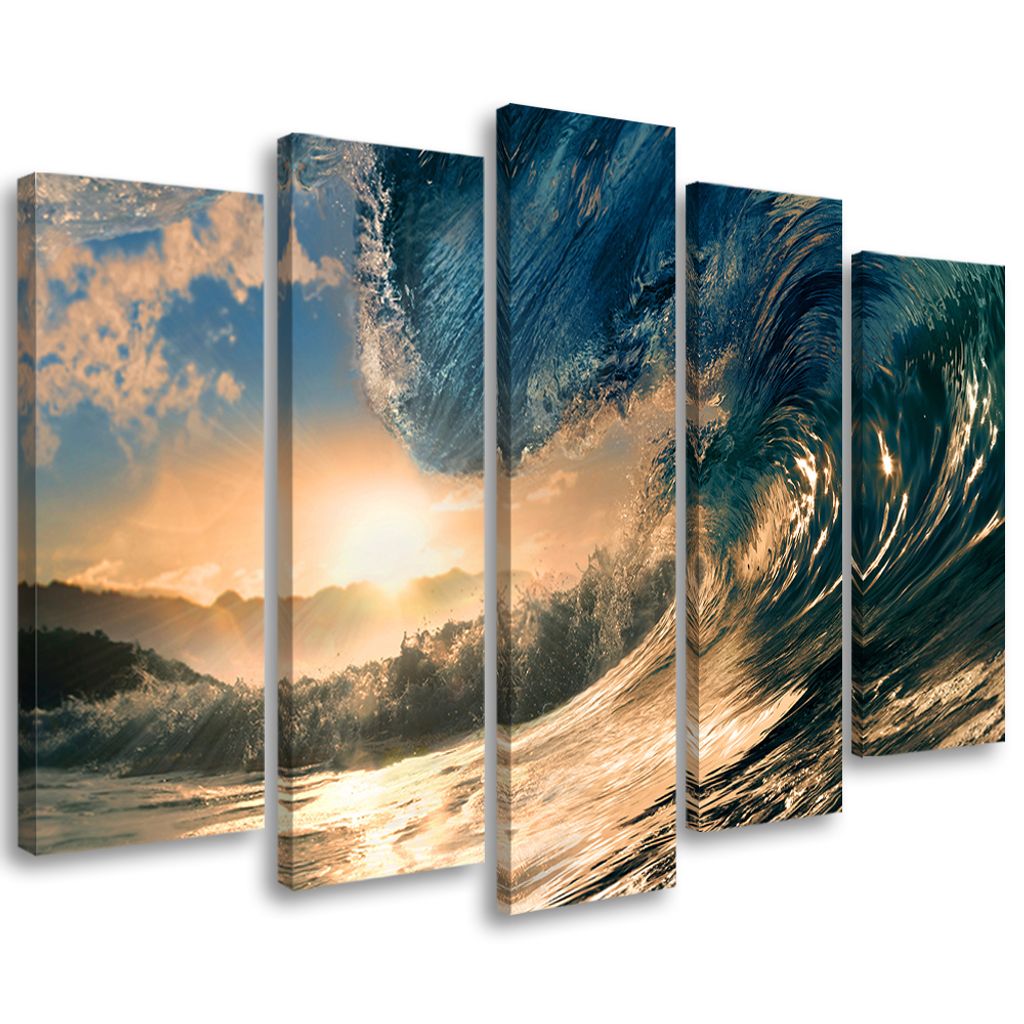5-teiliges leinwandbild wellen meer sonne 150x100 cm Feeby blau wandbild bereit zum aufhängen