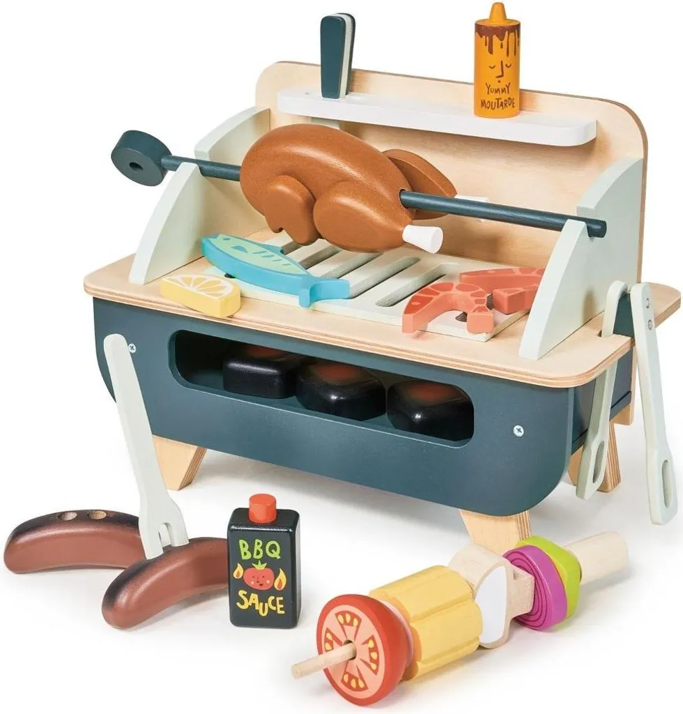 Barbecue enfant en bois et set de cuisine jouet d'imitation multicolore